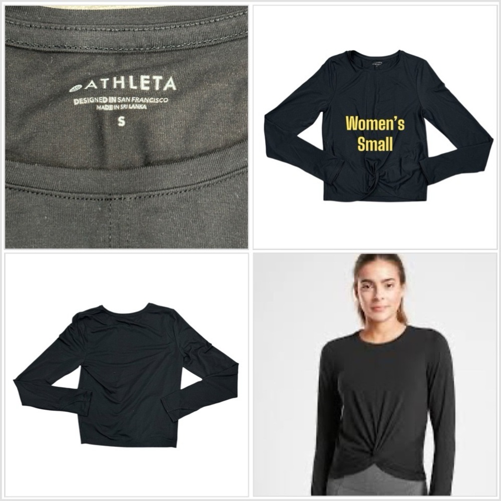 Athleta Small ESSENCE TWIST KNOT TOP Shirt Crewneck Black Thumb Holes Long Sleev
